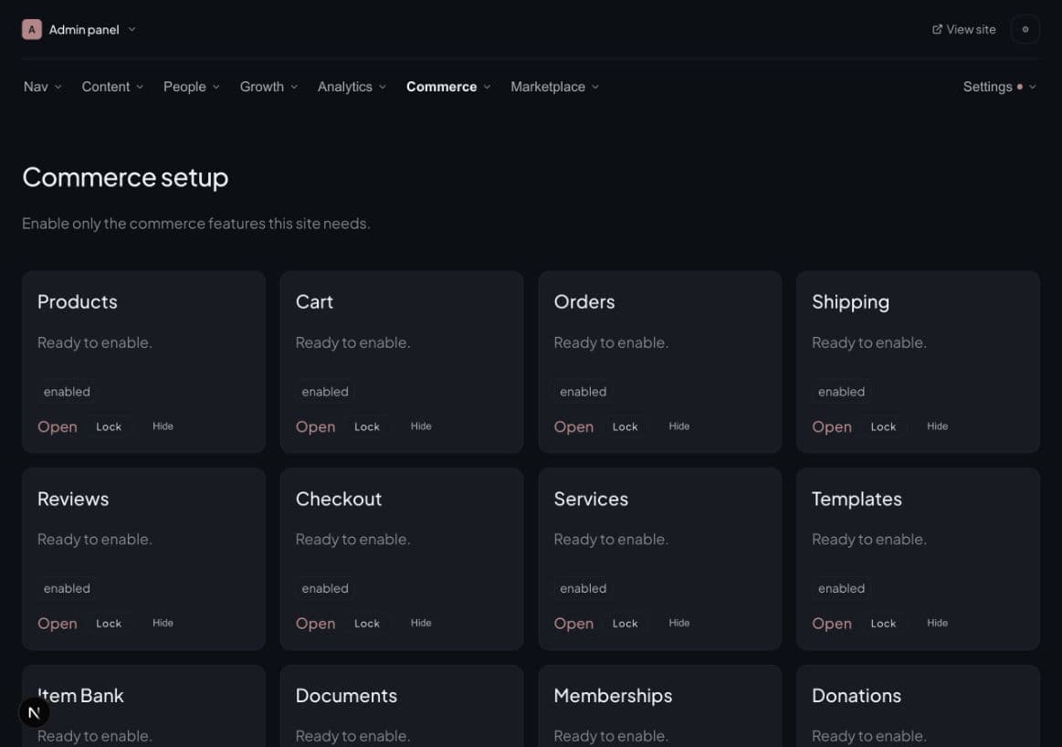 Lamina’s commerce setup screen showing independently configurable commerce modules.