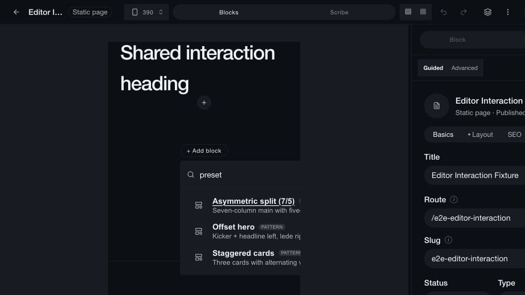 Lamina’s dark visual editor showing a live page canvas, block picker, and guided inspector.