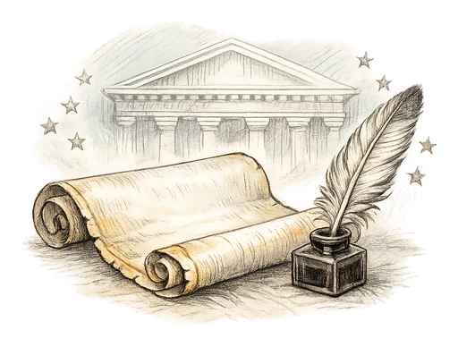 Painterly illustration of constitutional documents and civic institutions