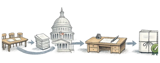 Painterly illustration of a proposal moving through the federal bill process